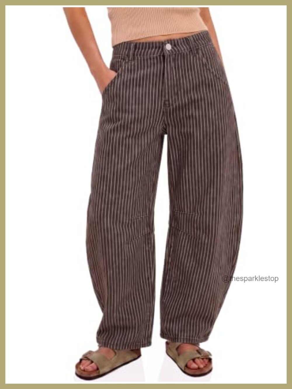 Womens Striped Barrel Jeans High Waisted Wide Leg Roll Up Hem Denim Pants